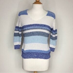 3/$25 Chaps Denim Metallic Blue White Cotton Linen V Neck Knit Sweater Size M